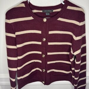 French Connection Striped Knit Cardigan Burgundy Cream Button Sweater Size M